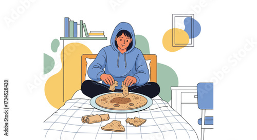 Illustration of a person enjoying a crepe in bed in a cozy and minimalist bedroom atmosphere