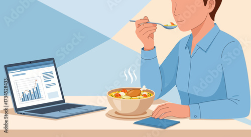 Illustration of a person eating soup while working on a laptop showcasing business trends