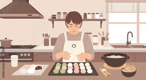 Illustration of a person preparing dango mochi in a cozy kitchen environment with warm tones