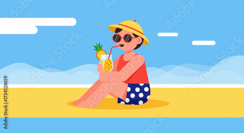 Illustration of a person relaxing on a beach while enjoying a refreshing pineapple drink during
