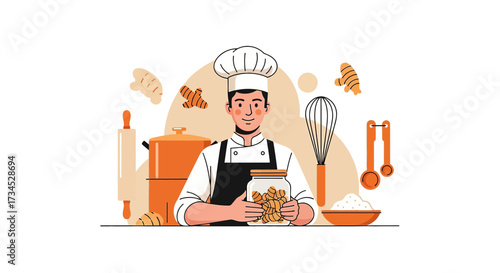 Illustration of a professional chef holding a jar of ginger with cooking tools