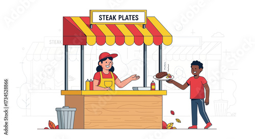 Illustration of a street food vendor selling steak plates to a customer at a market stall