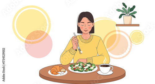 Illustration of a woman enjoying a healthy meal of salad, croissant and coffee with peaceful
