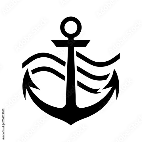 Silhouette anchor with wave lines ocean theme nautical concept minimal clean vector design with white background