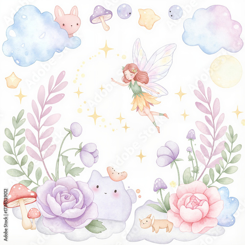 Enchanted fairy flying among pastel flowers and whimsical clouds  