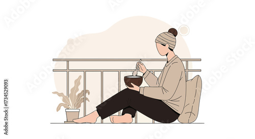 Illustration of a woman enjoying a meal on her balcony with a serene and peaceful vibe
