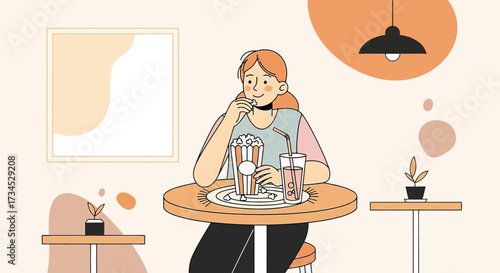 Illustration of a woman enjoying popcorn and a drink at a cafe with minimalist style
