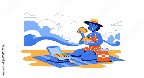 Illustration of a woman enjoying tacos on the beach with vibrant colors and stylized waves