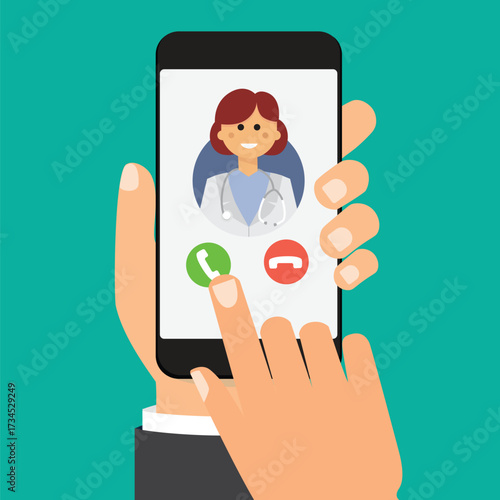 Hand holding smartphone with female doctor on call and an online consultation