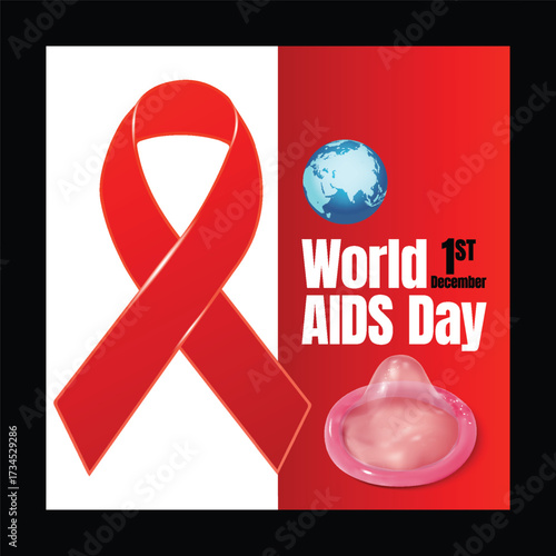 Editable AIDS awareness day square flyer or poster template, red ribbon charity banner promotion, modern social media post advertisement with vector illustration background design.