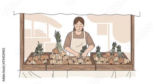 Illustration of a woman selling onions at a farmers market stall with organic produce