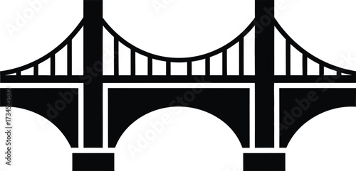 Black silhouette of a suspension bridge with arched supports