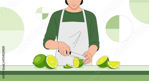 Illustration of person cutting limes in a kitchen setting, preparing citrus fruit for a refreshing