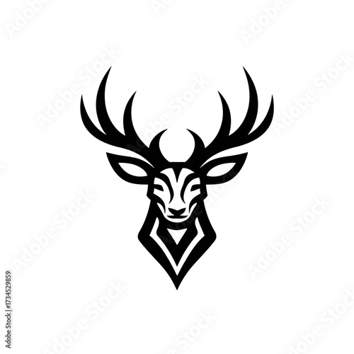 Striking black and white illustration of a deer head and antlers in geometric style