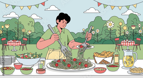 Illustration of outdoor picnic with spaghetti salad and lemonade, depicting a festive and
