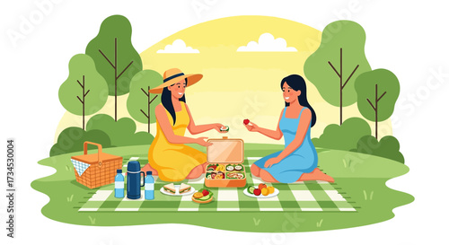 Illustration of two young women enjoying a picnic in a park on a sunny day