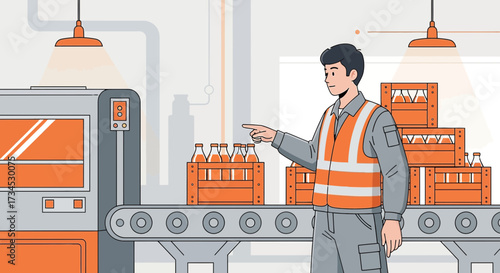 Illustration showcasing a worker overseeing a bottling production line in a factory setting