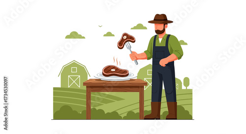 Illustrative depiction of a farmer holding steak outdoors with a rustic farm background illustration