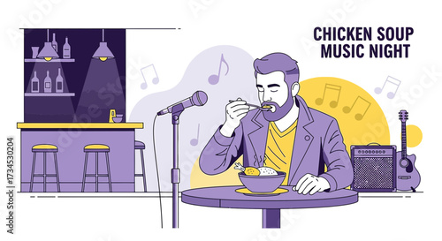 Illustrative depiction of a singer enjoying chicken soup during music night at a bar scene