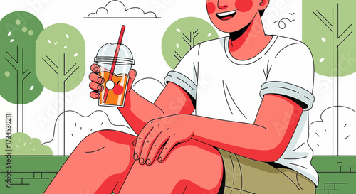 Illustrative depiction of a young person relaxing in a park with a refreshing drink outdoor