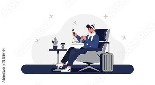 Luxury travel scene featuring a man enjoying noodles in a first class airplane seat