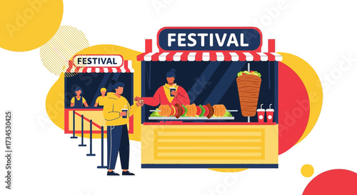 Lively street food festival illustration featuring diverse vendors and happy customers engaging