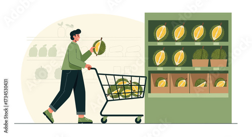 Man buys durian fruit in a supermarket trolley full of tropical fruits selection
