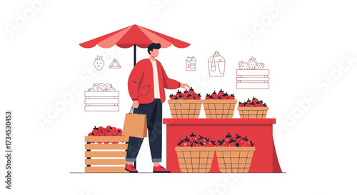 Man choosing fresh strawberries at outdoor market stall with umbrella and baskets of fruit