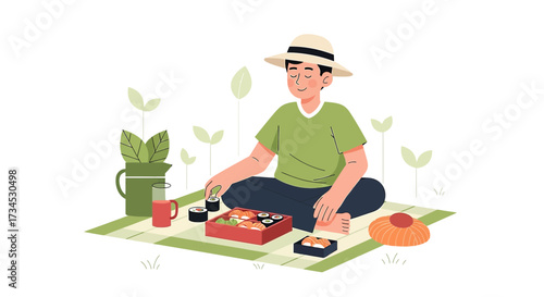 Man enjoying a peaceful picnic with sushi in a serene outdoor setting surrounded by nature