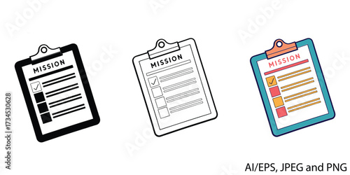 Mission checklist clipboard icons representing tasks goals and objectives vector
