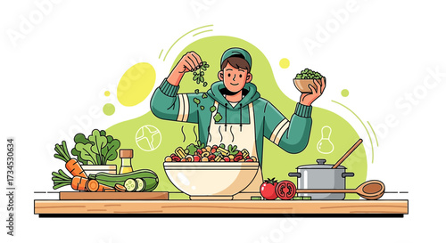 Man preparing fresh salad, healthy lifestyle concept with illustration of homemade food