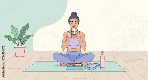 Mindful eating during yoga practice illustration balancing wellness and nourishment