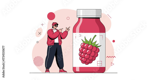Modern illustration featuring a man promoting a raspberry supplement bottle concept design
