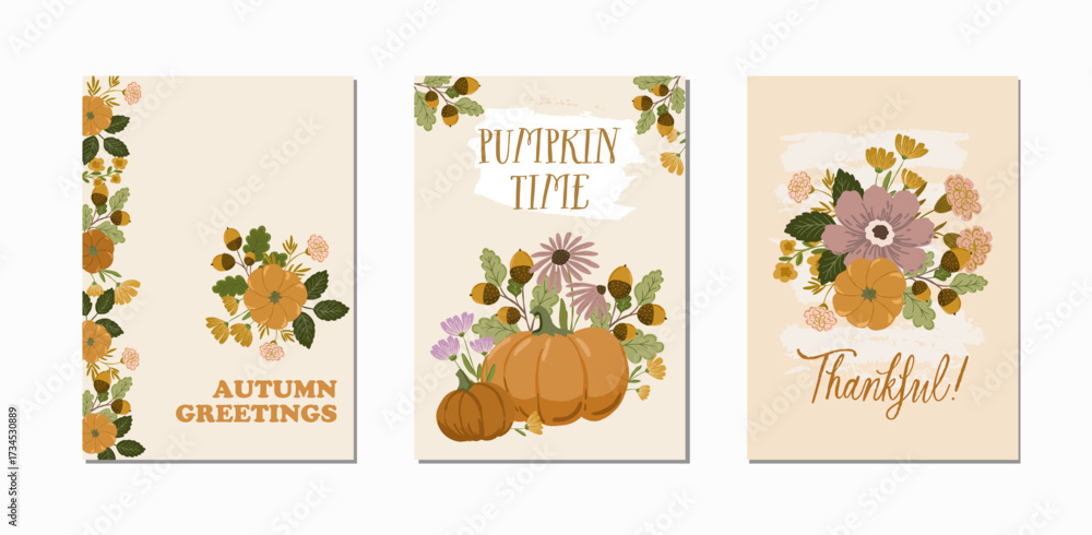 Fototapeta premium Autumn fall set of cozy hand drawn vector cards, posters and backgrounds. Autumn illustration thanksgiving premade greeting card template.Kitchen set