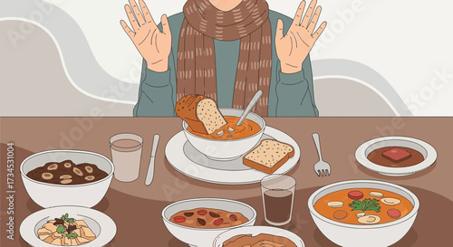 Person ready to enjoy a variety of hearty dishes at a comforting table setting