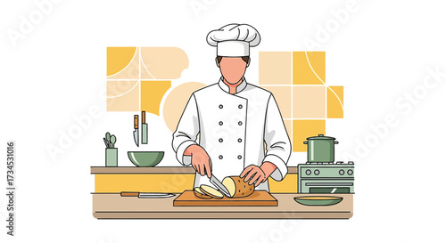 Professional chef preparing ingredients in a modern kitchen setting illustration