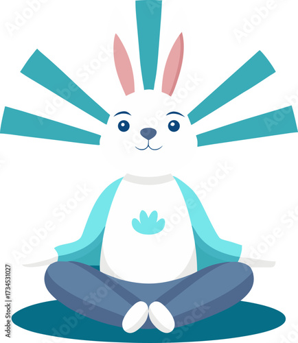 Cartoon rabbit meditating with radiating light in a yoga pose for relaxation art