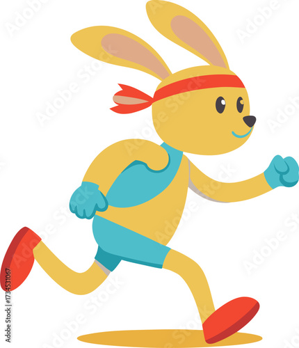 Cartoon rabbit running with a determined expression wearing a red headband and sportswear