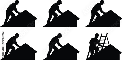 Silhouette of roofer on house roof, construction worker climbing ladder, roofing maintenance illustration, roof repair worker, house building site silhouettes, roofing contractor at work