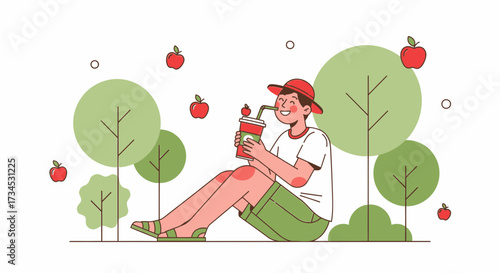 Relaxing in nature: A boy enjoying apple juice in a park setting with trees and apples