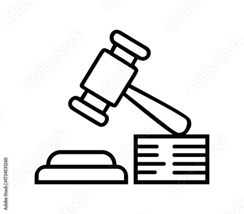 line art icon of a judge s gavel and sounding block. gavel and law book