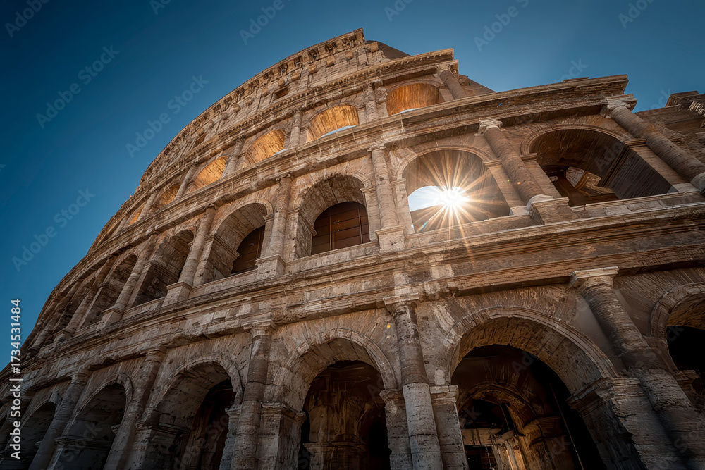 Fototapeta premium Ancient stone amphitheater with multiple arches under clear blue sky, sunlight shining through one of upper openings, showcasing historic architecture and grandeur