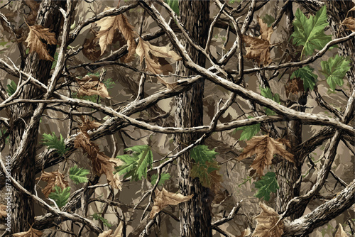 Real Tree Camouflage for hunting shirt. Forest real tree hunting camouflage seamless pattern design for hunting uniform. Hunting camouflage