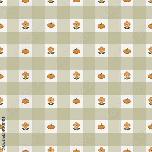 Checkered Seamless pattern print, autumn cozy rustic digital paper with pumpkins and flowers, fabric print vector background, kitchen cottagecore theme
