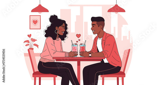 Romantic date illustration featuring a young couple enjoying cocktails at a restaurant