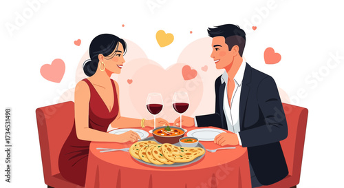 Romantic Dinner Date: A Stylish Couple Enjoying a Meal with Hearts and Wine
