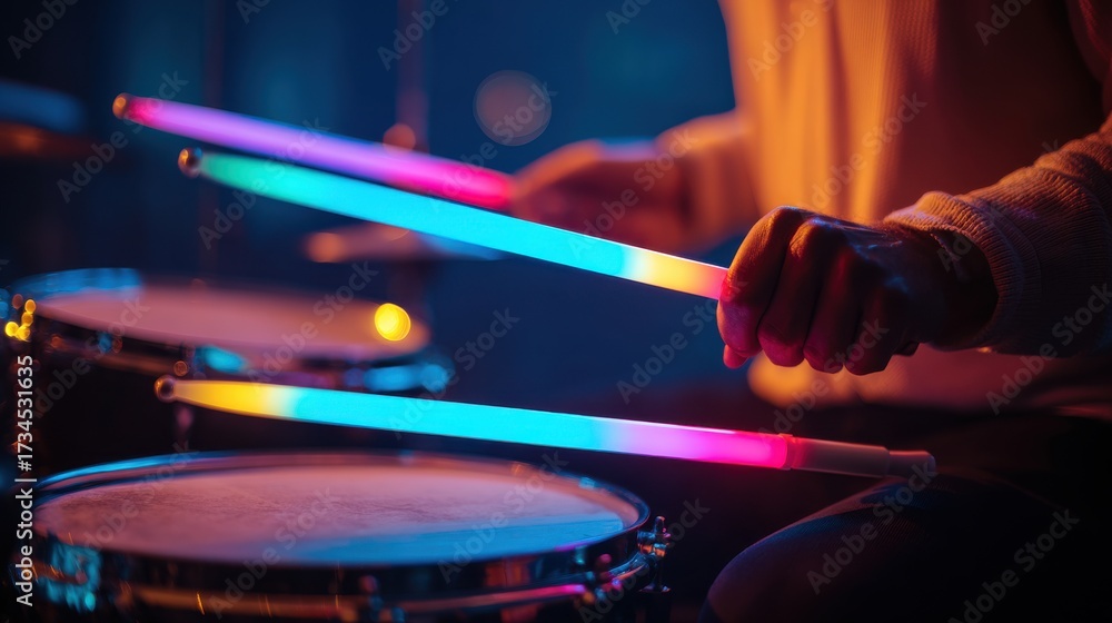 Naklejka premium Drummer with Illuminated Drumsticks Over Drums