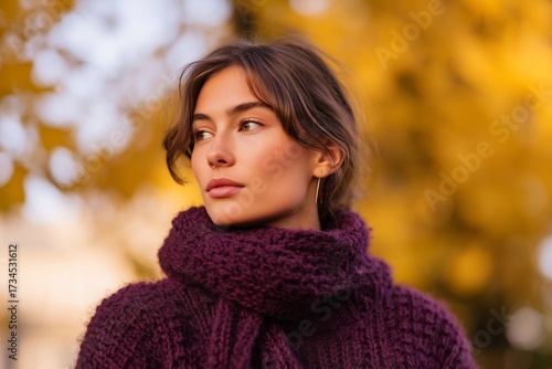 Woman in plum knit sweater walking through autumn park with falling leaves in golden light
