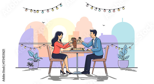 Romantic dinner illustration with couple enjoying turkish food on a rooftop with city view and