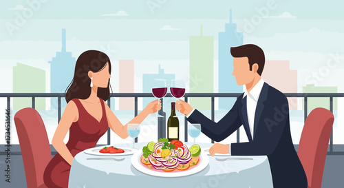 Romantic dinner with city views, couple toasting with wine at restaurant balcony table